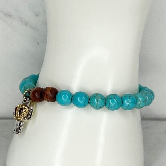 Faux Turquoise Beaded Cross Faux Pearl Charm Stretch Bracelet - Picture 4 of 8